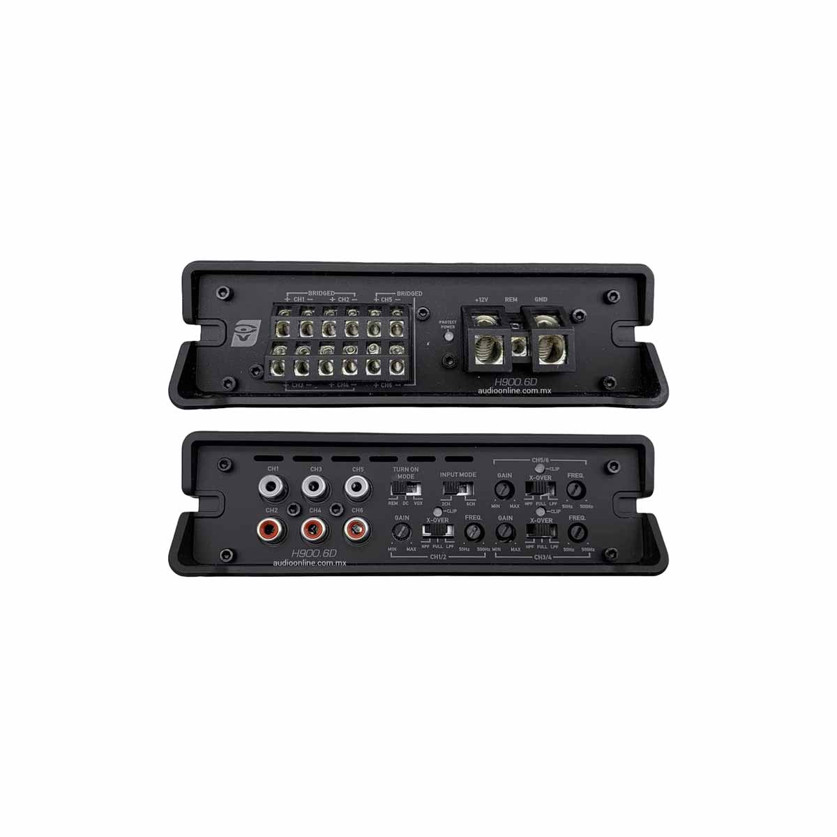 Close-up view of the front and back panels of a Cerwin Vega Inc. HED 900W RMS Full Range Class-D 6 Channel Digital Amplifier. The top panel features multiple terminal inputs with labels indicating various speaker connections. The bottom panel includes several RCA jacks, switches, and adjustment dials for controlling audio settings.