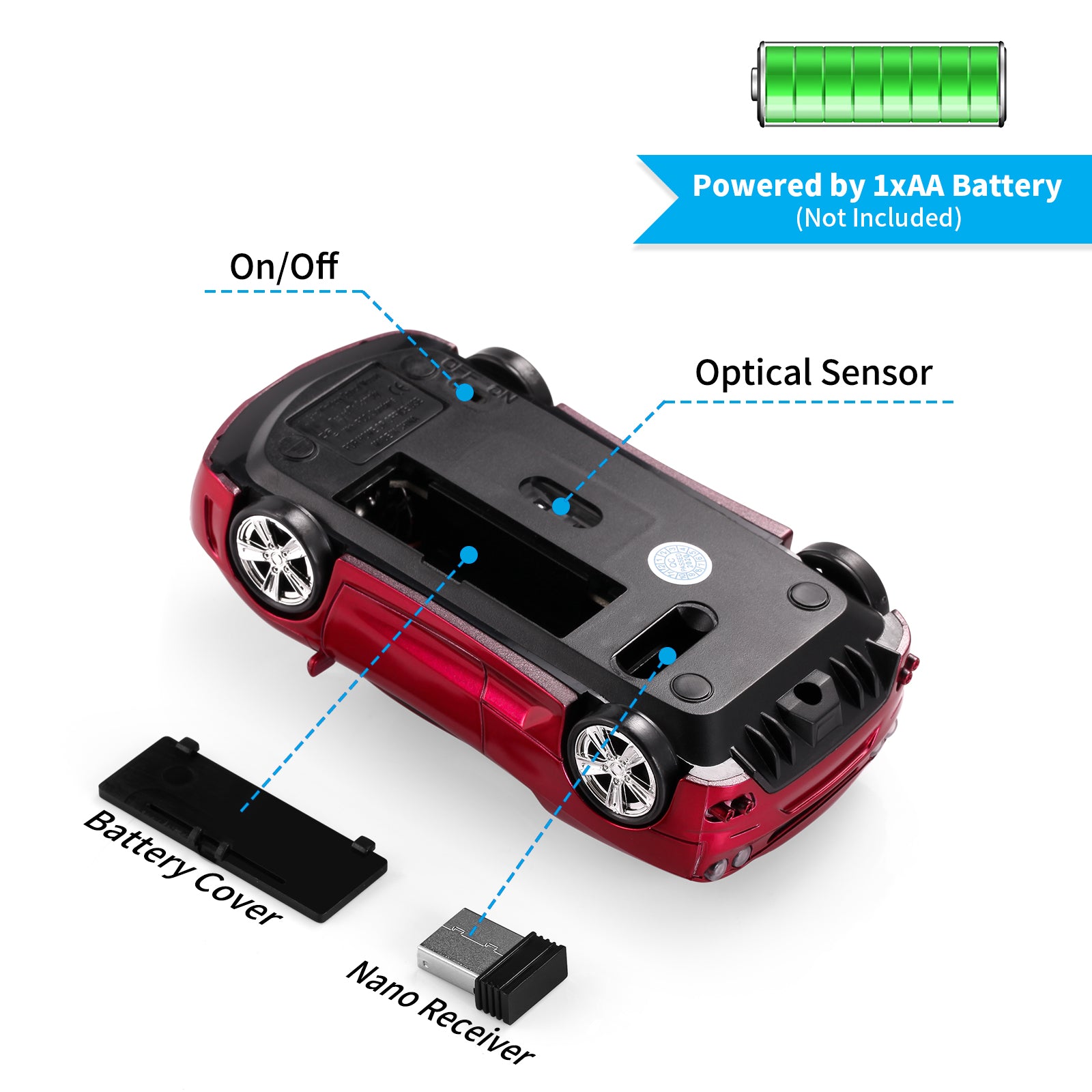 Wireless Mouse Compatible with iOS Windows Android - Works with Computer, Laptop, Tablet, Mobile Phone - Universal Bluetooth/USB Receiver Connectivity (F1-RR, Racing Red)