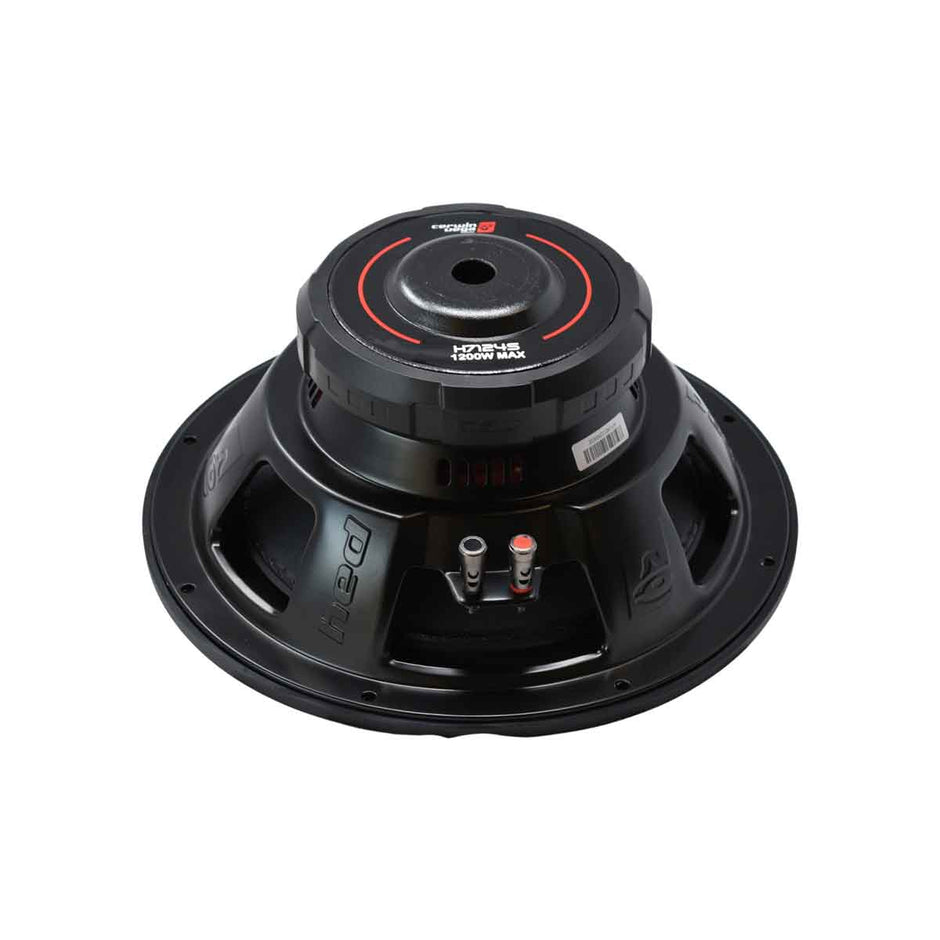 A HED Series subwoofer faces upwards on a white background, featuring red and white markings, 