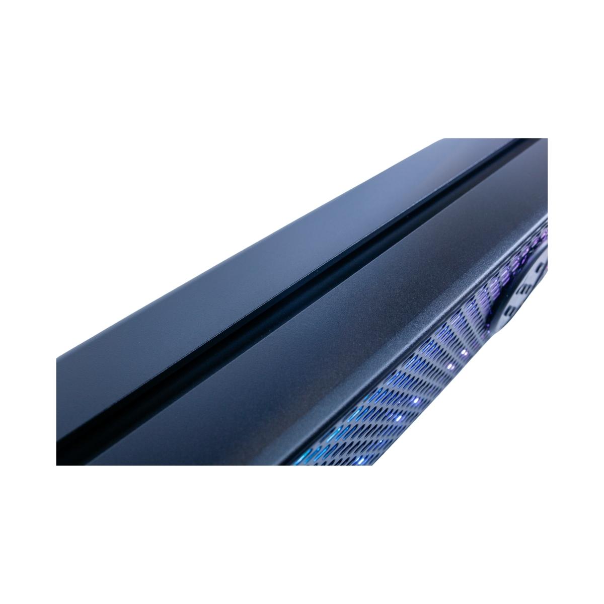 A close-up of the RPM XED Waterproof Soundbar showcases its sleek, modern design with a smooth, dark surface and glossy finish. A strip of purple and blue lighting along the side enhances its futuristic look, emphasizing texture and lighting effects.