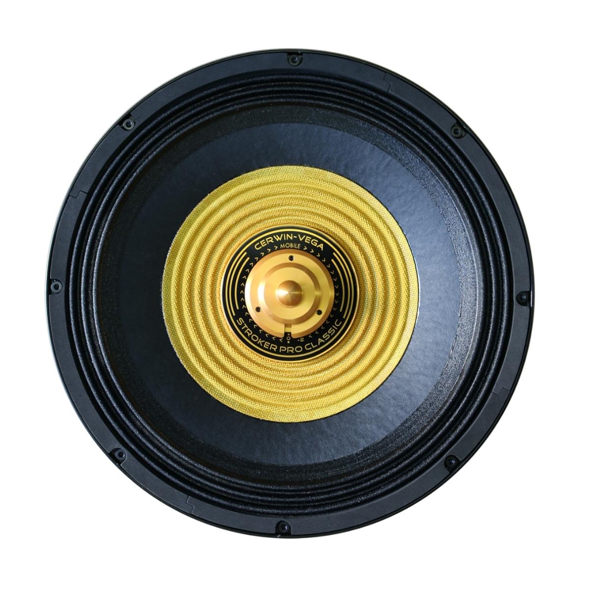 Close-up of a circular Stroker Pro Classic Subwoofer with a black outer rim and gold cone, featuring concentric rings. The central label shows 