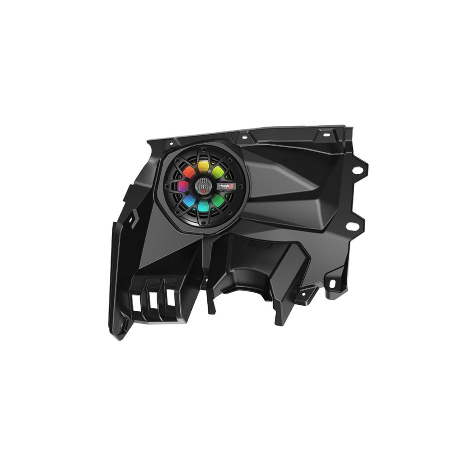 A gaming console cooling fan in black features a rainbow RGB light at its core, encased in an angular geometric shell with mounting holes, and an efficient multi-blade system. Its vibrant lights enhance visual appeal and performance similar to a Marine Subwoofer's resilience.