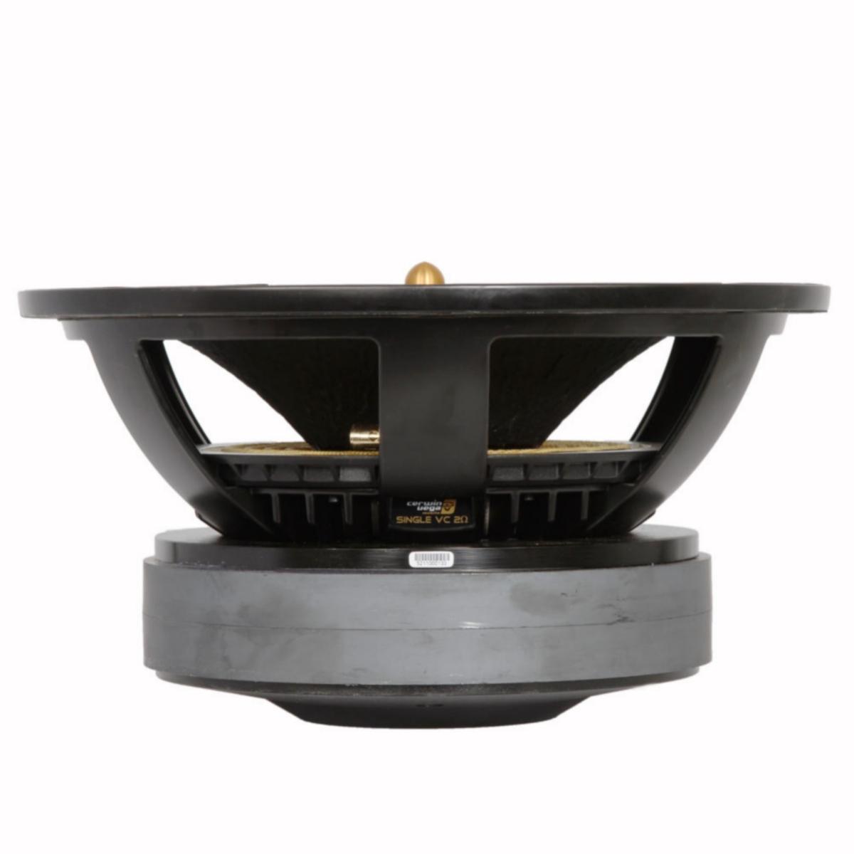 The Stroker Pro Classic Subwoofer is shown side-view against a white background, featuring a large round magnet at the base. Its open frame design reveals internal components, and a central small gold cone sits atop within the speaker's cone.