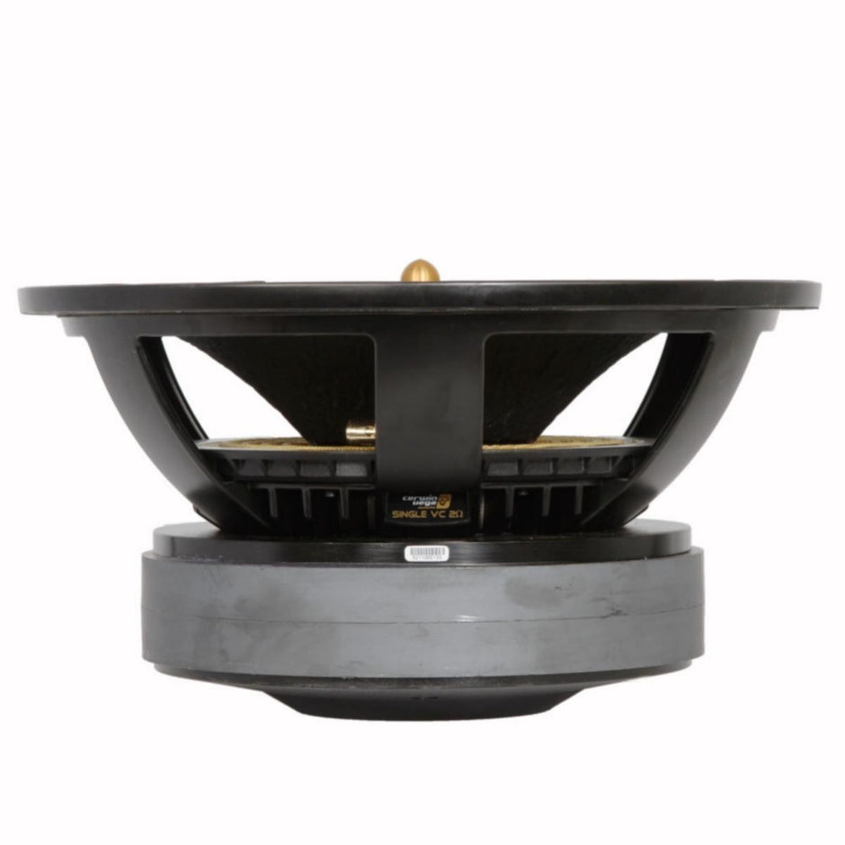 The Stroker Pro Classic Subwoofer is shown side-view against a white background, featuring a large round magnet at the base. Its open frame design reveals internal components, and a central small gold cone sits atop within the speaker's cone.