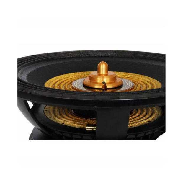 Close-up of the Stroker Pro Classic Subwoofer driver showcasing a black cone and surround, a golden metallic central dome with concentric rings, and a sleek black-finished basket featuring circular openings. The design is robust and intricate, indicating high performance.