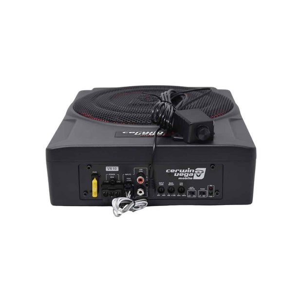 The VEGA Slim 10" Active Powered Subwoofer - VR10 by Cerwin Vega is a compact black car subwoofer with a mesh grille and sides featuring control knobs, input/output ports, and cables. It includes plug-and-play operation, a coiled wire, and a small black accessory resting on the unit.