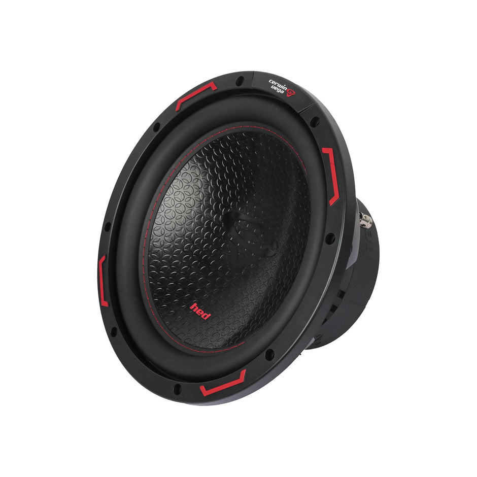The HED 2025 Edition Subwoofer is a sleek black car subwoofer with a textured cone, red accents on the rim, and 