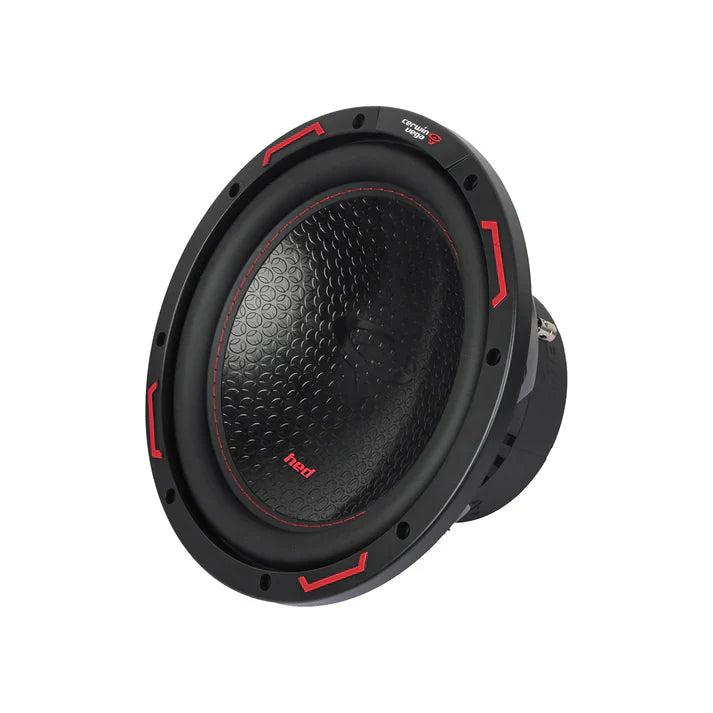 The image displays the HED 2025 Edition Subwoofer (H10DV4) with a black textured cone adorned with red accents and 