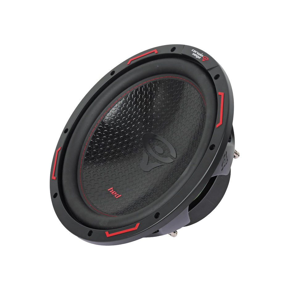 The HED 2025 Edition Subwoofer features a black, honeycomb-patterned cone with red accents, brand logo in the center, and a circular frame with mounting holes and connection terminals. Designed for high-performance audio output, it includes dual 2Ω voice coils.