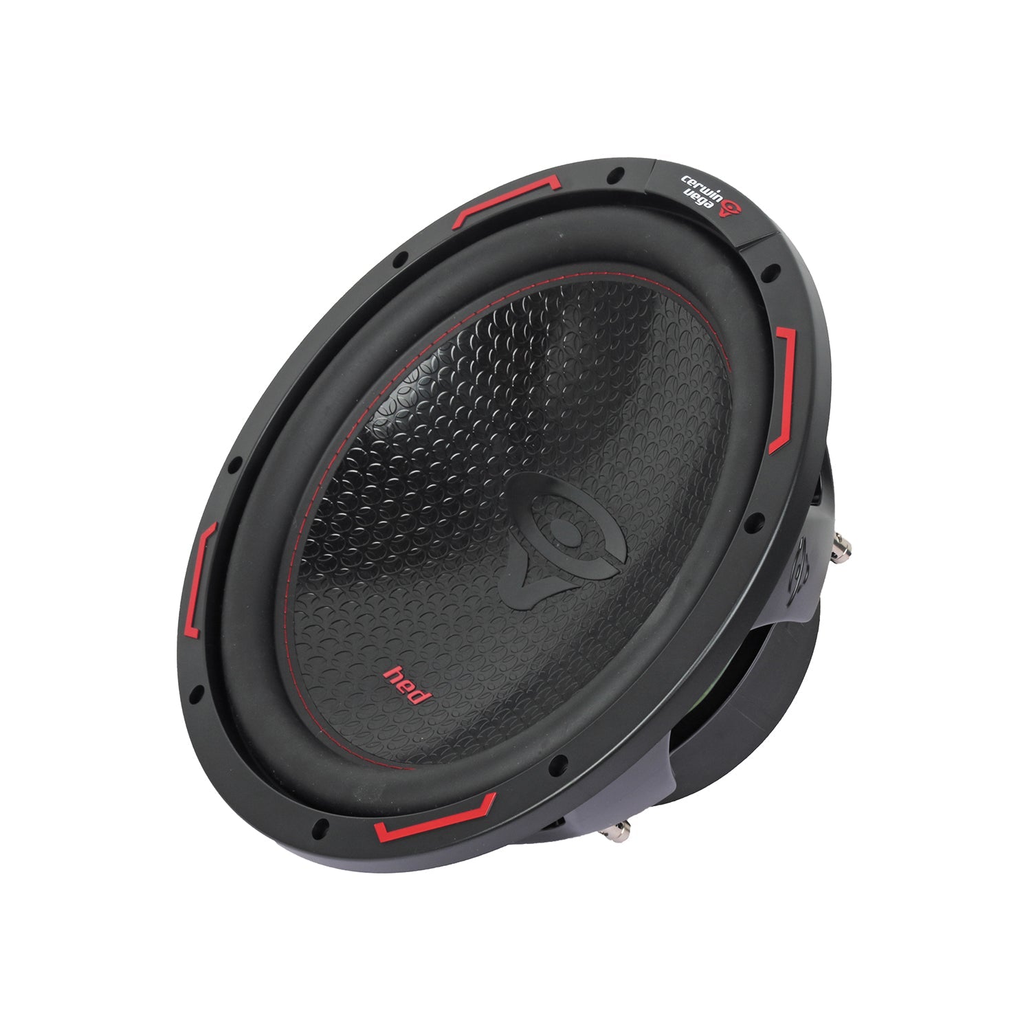 The HED 2025 Edition Subwoofer features a black, honeycomb-patterned cone with red accents, brand logo in the center, and a circular frame with mounting holes and connection terminals. Designed for high-performance audio output, it includes dual 2Ω voice coils.