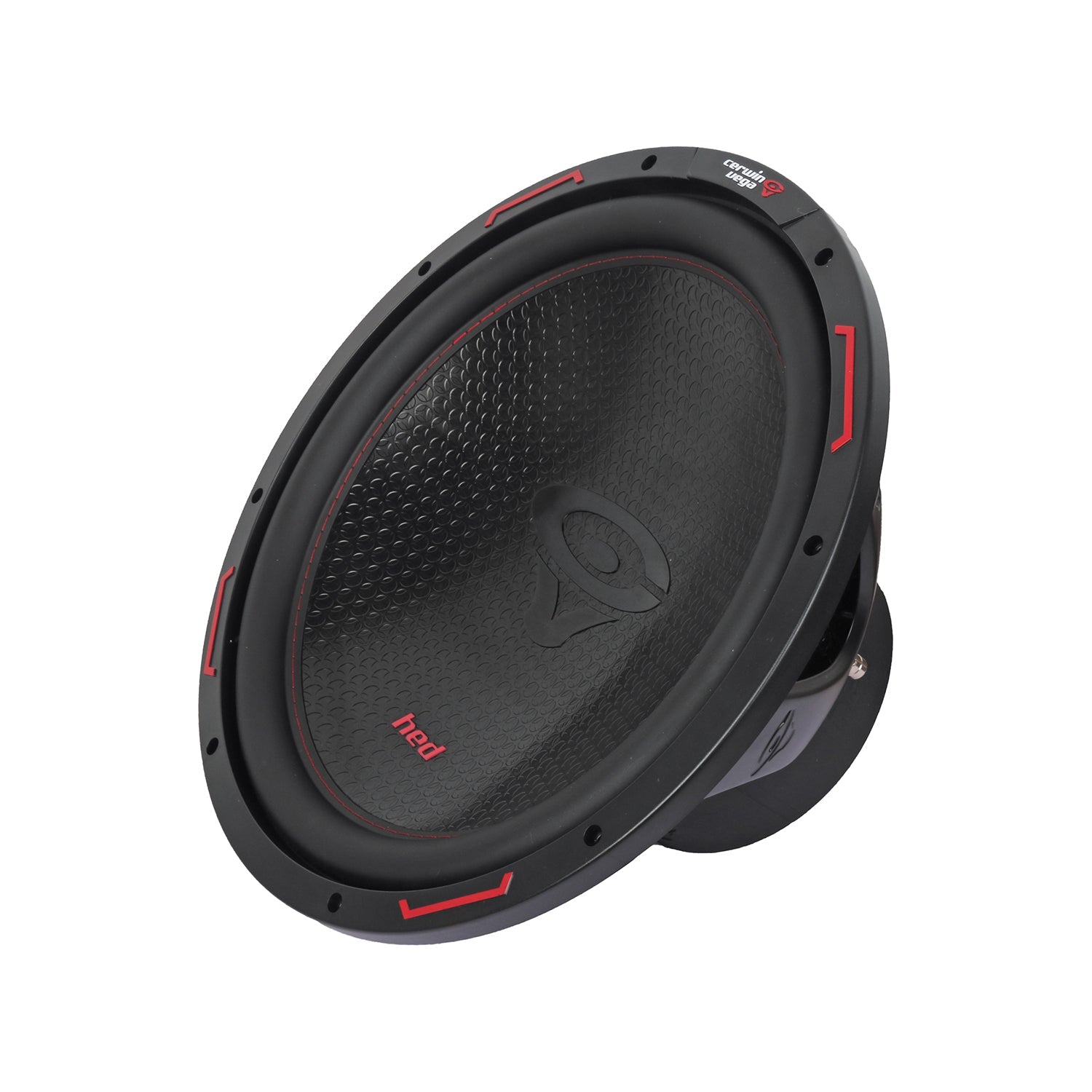 The HED 2025 Edition H15DV2 Subwoofer features a black textured cone with red accents, a stylized logo at the center, and is tilted on a white background to showcase its metal frame and mounting bracket.