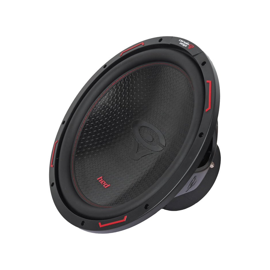 The HED 2025 Edition H15DV2 Subwoofer features a black textured cone with red accents, a stylized logo at the center, and is tilted on a white background to showcase its metal frame and mounting bracket.