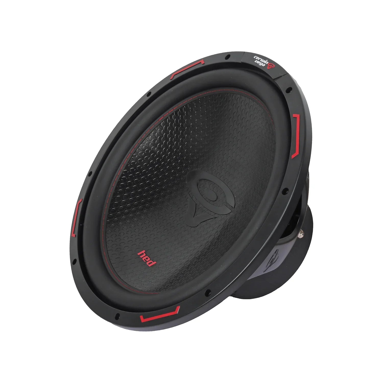 The Cerwin Vega HED 2025 Edition Subwoofer (H15DV4) sports a black textured cone with a red 