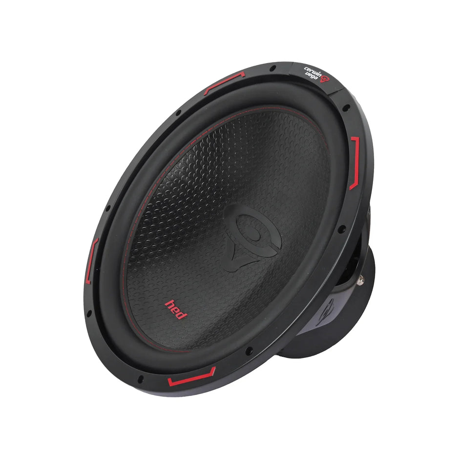 The Cerwin Vega HED 2025 Edition Subwoofer (H15DV4) sports a black textured cone with a red 