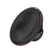 The HED 2025 Edition H15DV2 Subwoofer features a black textured cone with red accents, a stylized logo at the center, and is tilted on a white background to showcase its metal frame and mounting bracket.