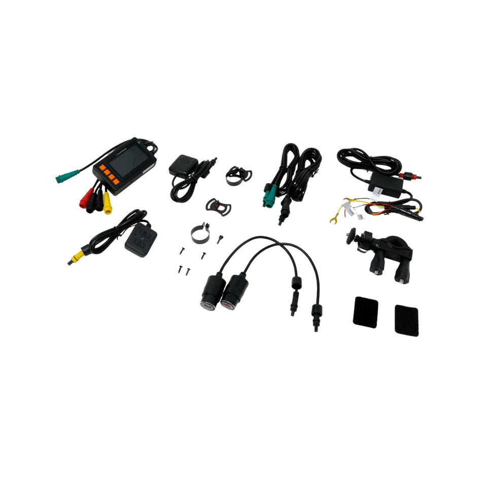 On a white background, various electronic components surround a small digital device with a screen for high-definition video. Items include cables, clips, mounts, screws, and black cylindrical connectors perfect for the C480 Powersport DVR Action Camera or an audio-visual system.