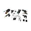 On a white background, various electronic components surround a small digital device with a screen for high-definition video. Items include cables, clips, mounts, screws, and black cylindrical connectors perfect for the C480 Powersport DVR Action Camera or an audio-visual system.