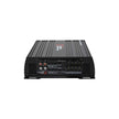 The CVP Pro 4-Channel Class D Amplifier, model CVPRO2K4, features a compact black design with fins for heat dissipation. The front panel includes multiple input/output ports like RCA inputs and speaker outputs, and the side is labeled with 