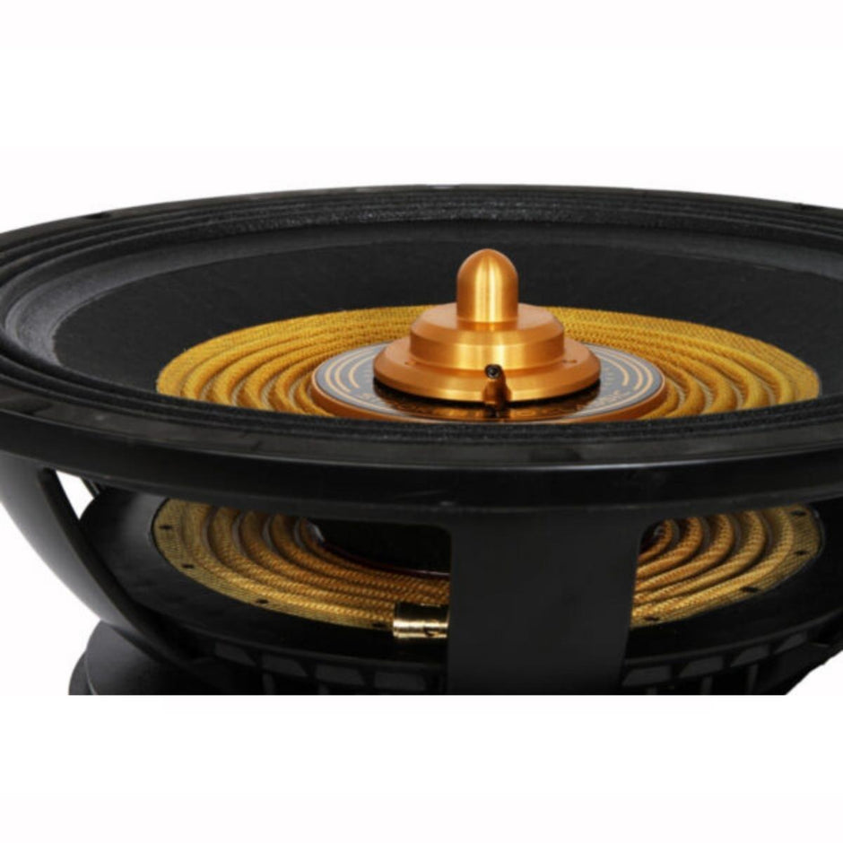The Stroker Pro Classic 18″ Subwoofer 2Ω SVC (SPCL182) showcases a black speaker cone with a gold central cap, thick gold wiring, and visible coil. Its black frame contrasts with the gold, enhancing the car audio performance look.