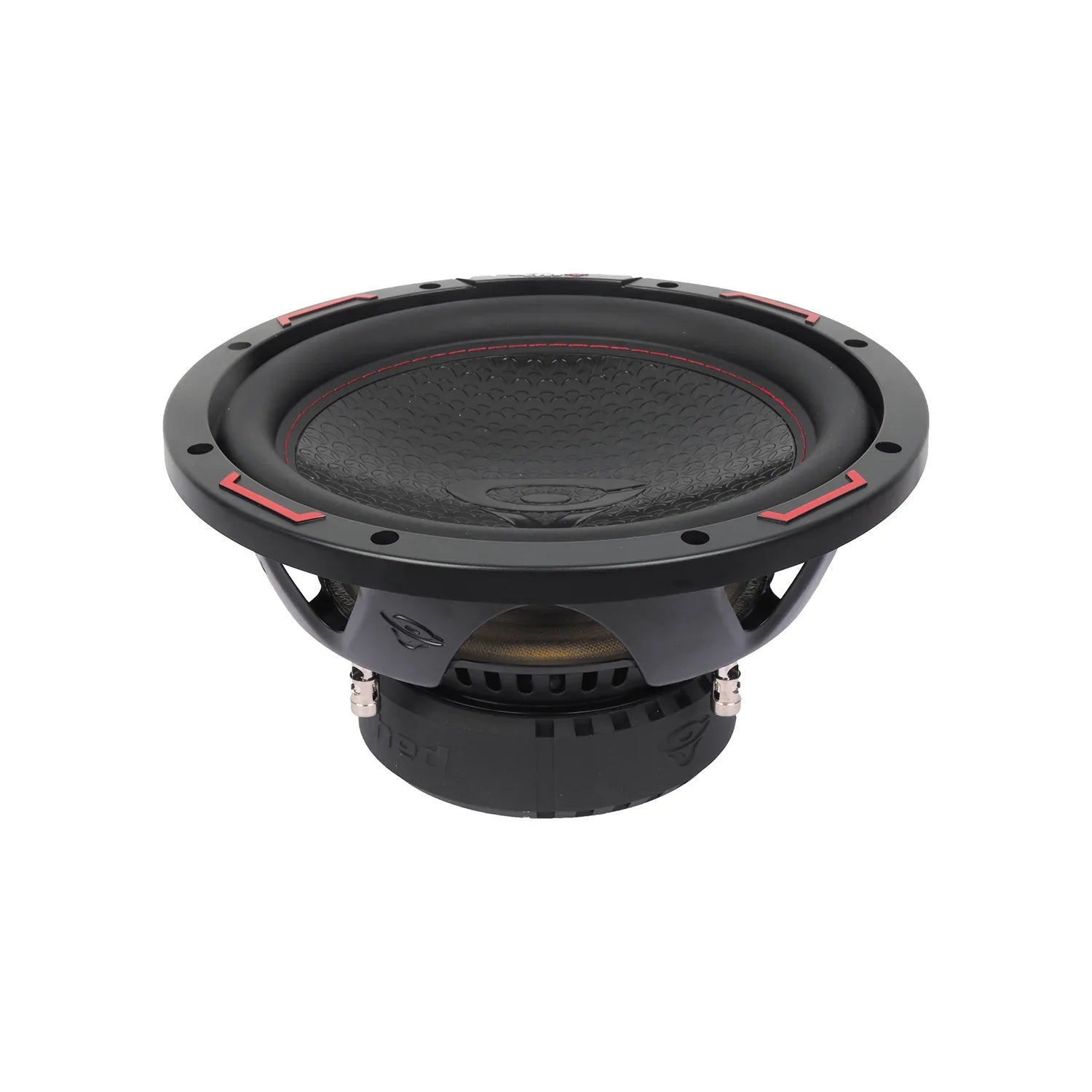 The HED 2025 Edition H10DV4 Subwoofer is a sleek black unit featuring a circular, textured cone and flat black dust cap. It includes a black rubber surround with red accents, a vented basket showing the spider beneath, and the brand logo on its sturdy base design.