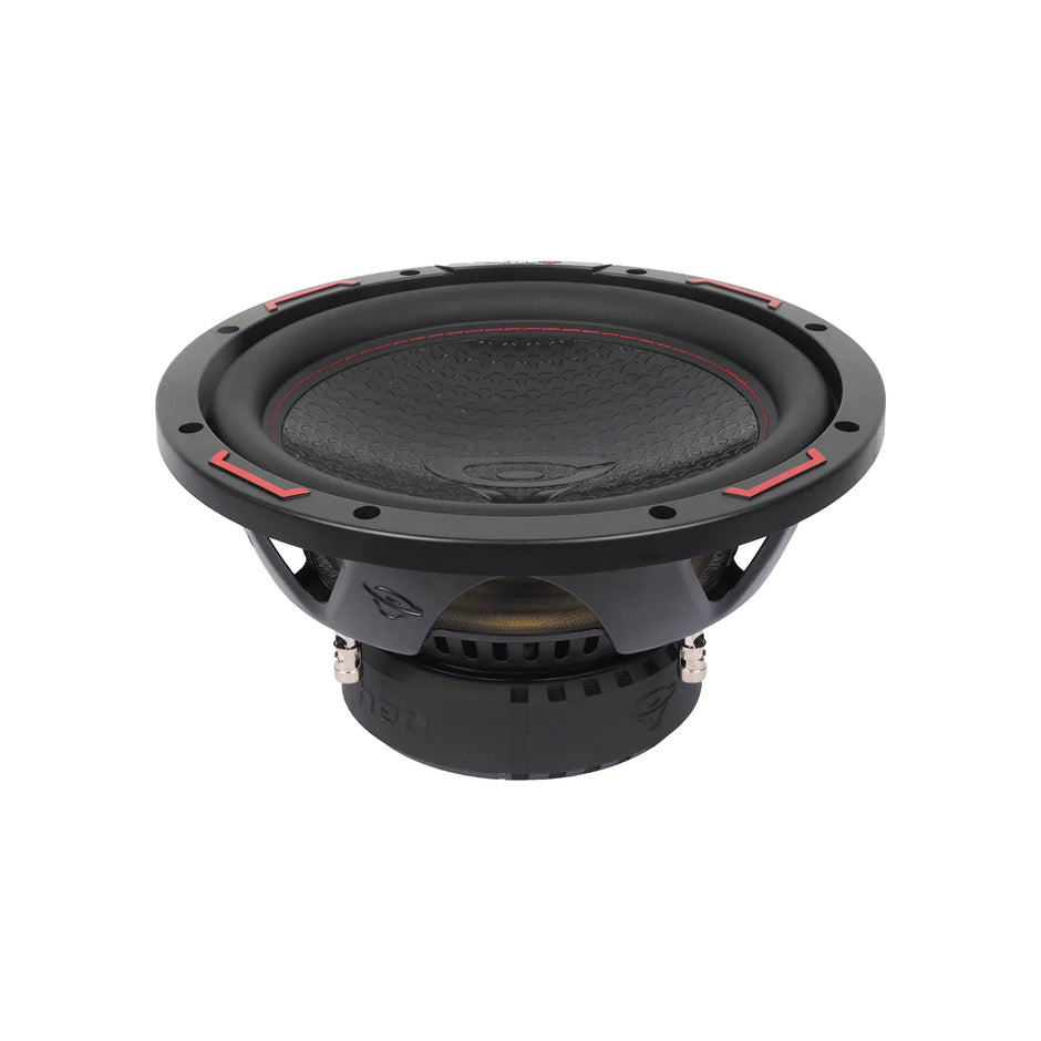 The HED 2025 Edition H10DV4 Subwoofer is a sleek black unit featuring a circular, textured cone and flat black dust cap. It includes a black rubber surround with red accents, a vented basket showing the spider beneath, and the brand logo on its sturdy base design.