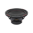 The HED 2025 Edition H10DV4 Subwoofer is a sleek black unit featuring a circular, textured cone and flat black dust cap. It includes a black rubber surround with red accents, a vented basket showing the spider beneath, and the brand logo on its sturdy base design.