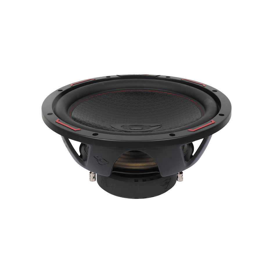 The HED 2025 Edition H12DV2 Subwoofer, featuring a black textured diaphragm, red-stitched wide rubber surround, and an open-design black metal frame exposing inner components, is set against a white background.