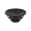 The HED 2025 Edition H12DV2 Subwoofer, featuring a black textured diaphragm, red-stitched wide rubber surround, and an open-design black metal frame exposing inner components, is set against a white background.