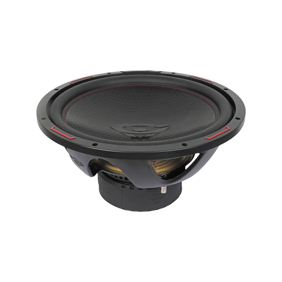 The HED 2025 Edition Subwoofer by Cerwin Vega features a black round textured cone with red accent stitching. It has a strong black frame with open slots and a compact design showcasing the brand logo at the center of the cone.