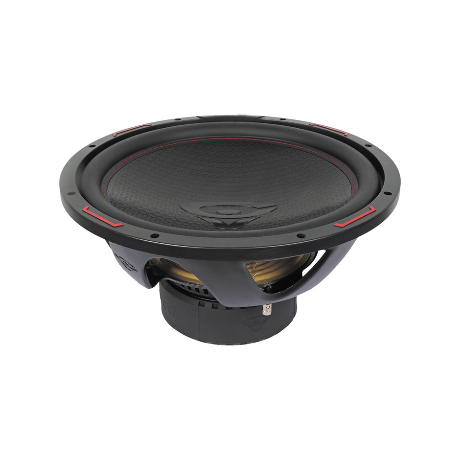 The HED 2025 Edition Subwoofer, model H15DV2, is a black, round car subwoofer featuring a textured cone with red rim accents. It has a sturdy metal frame, visible hardware showcasing robust construction, and the brand logo on the cone.