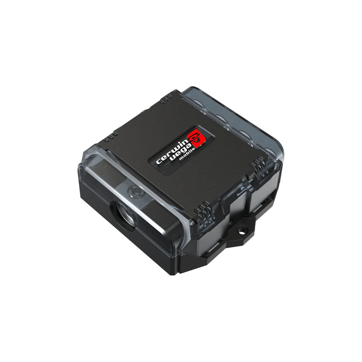 A black rectangular device with a transparent lid, labeled 