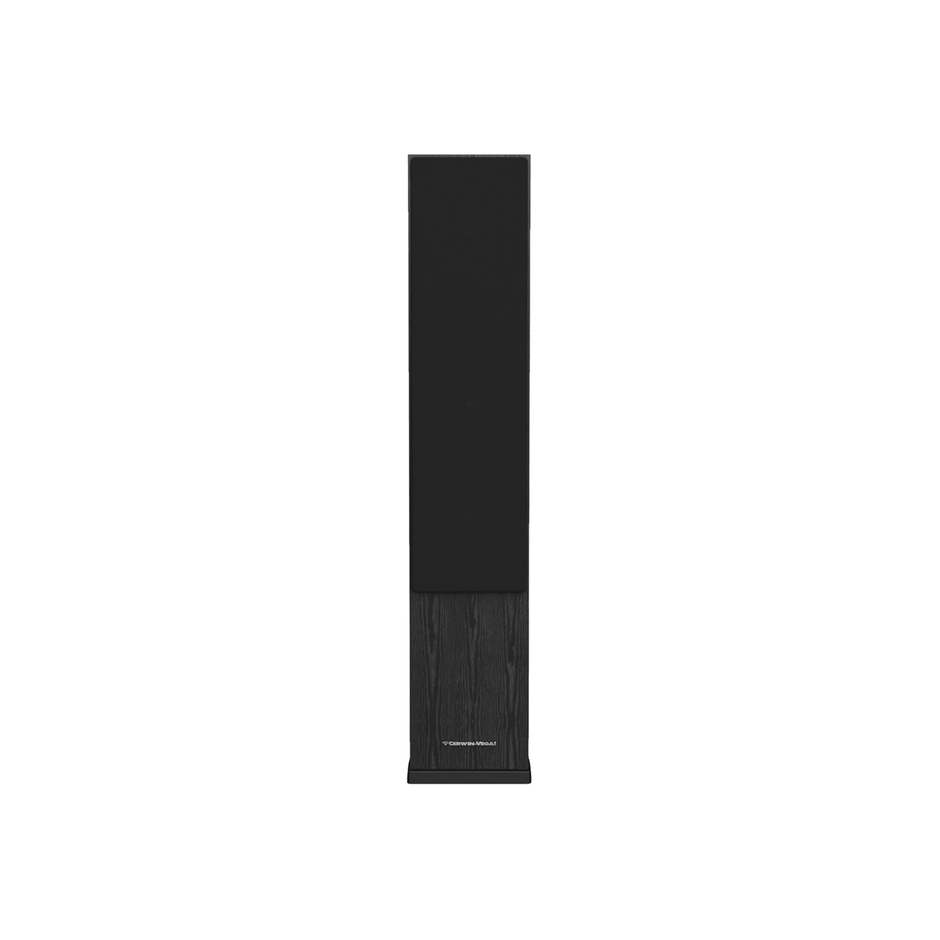 The tall, black DUAL 4” 3-WAY TOWER SPEAKER-LA44 exudes modern style with a sleek design. Its bottom half features wood grain texture, while the top is smooth with a matte finish. The lower front sports a label reading "TOWER SPEAKERS C1500," promising premium sound in a minimalist piece.