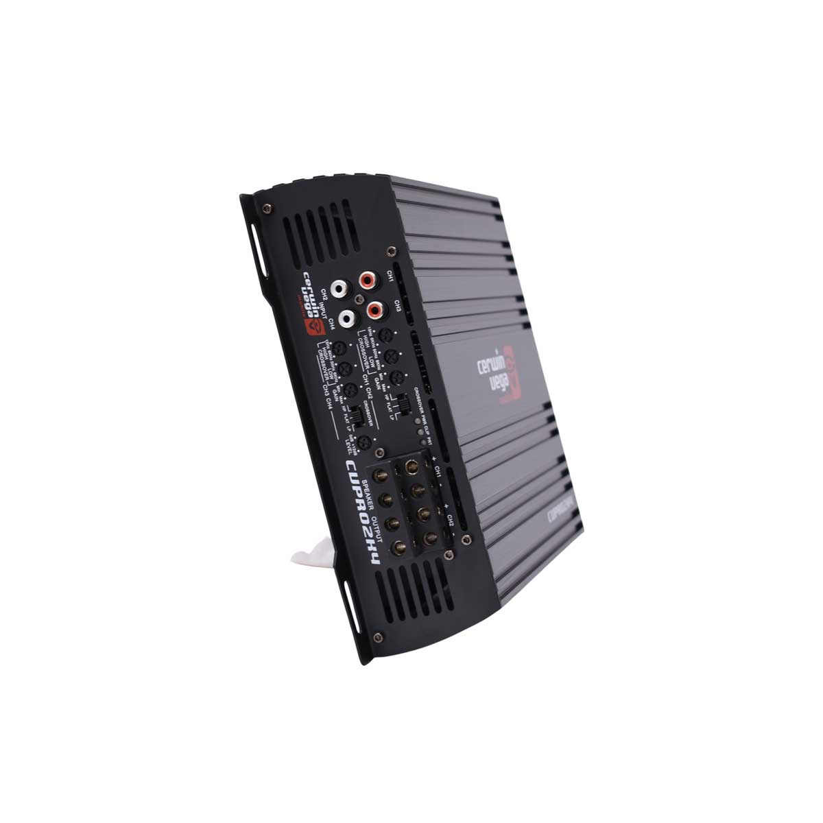 A black CVP Pro 4-Channel Class D Amplifier 2000 Watts - CVPRO2K4 is angled upright, featuring control knobs, RCA jacks, speaker terminals on a metal surface. It has horizontal heat sinks and Cerwin-Vega CV PRO logos near the inputs and top center.