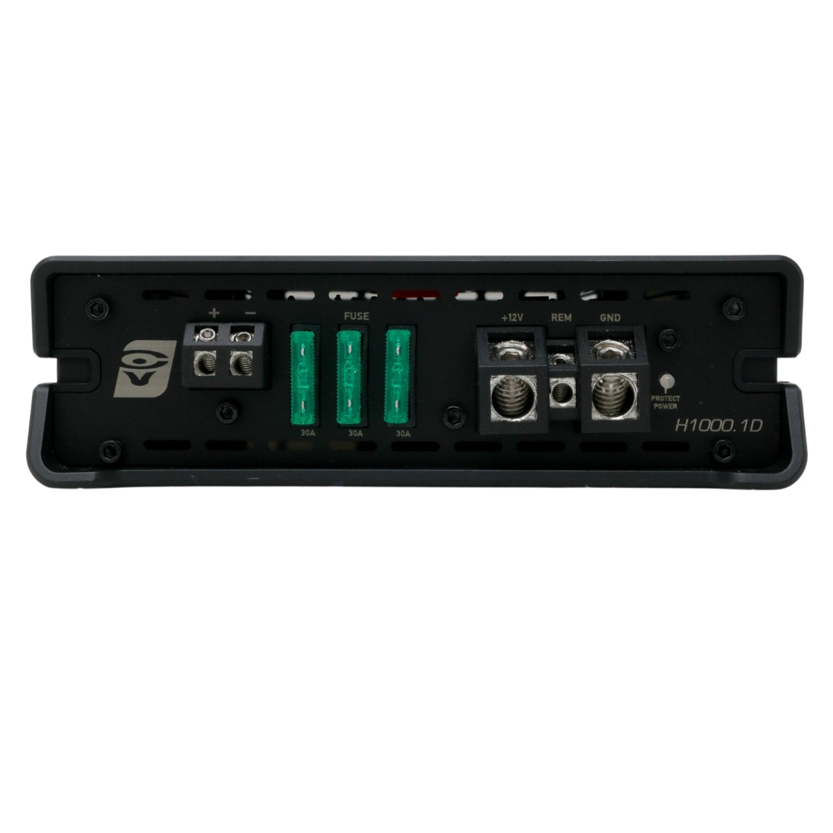 A black, Cerwin Vega Inc. HED 1000W RMS Class-D Mono Digital Amplifier with various connectors and terminals on one side. It features three green fuses labeled 35A, 35A, and 20A. Terminals are designated for +12V, REM, and GND alongside other input/output ports. The model number 