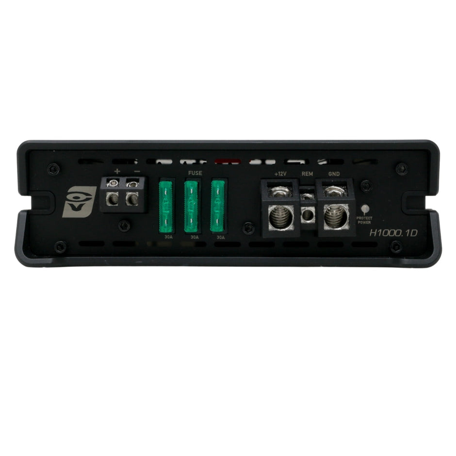 A black, Cerwin Vega Inc. HED 1000W RMS Class-D Mono Digital Amplifier with various connectors and terminals on one side. It features three green fuses labeled 35A, 35A, and 20A. Terminals are designated for +12V, REM, and GND alongside other input/output ports. The model number 
