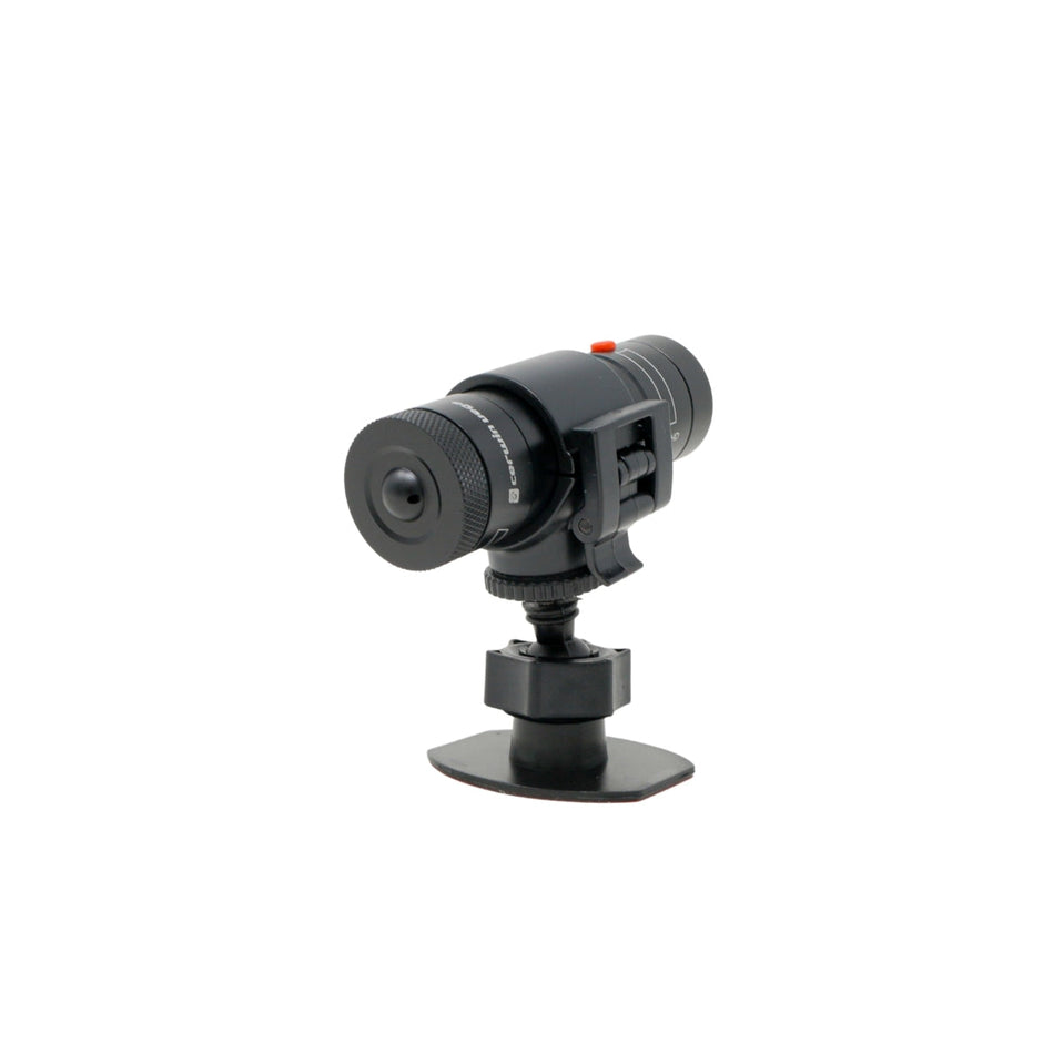 The black C400 Powersport Action Camera, shaped cylindrically and mounted on a rectangular base, features a front lens and small red top button. Angled to the top right, its adhesive bottom ensures secure mounting. The waterproof design adds durability in any environment.
