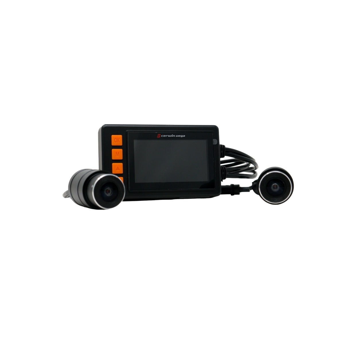 The C480 - Powersport DVR Action Camera features dual 1080P-AHD cameras with two interchangeable cylindrical heads and a central unit, plus a rectangular screen with left-side control buttons. It's perfect for capturing high-definition video during visual inspections.