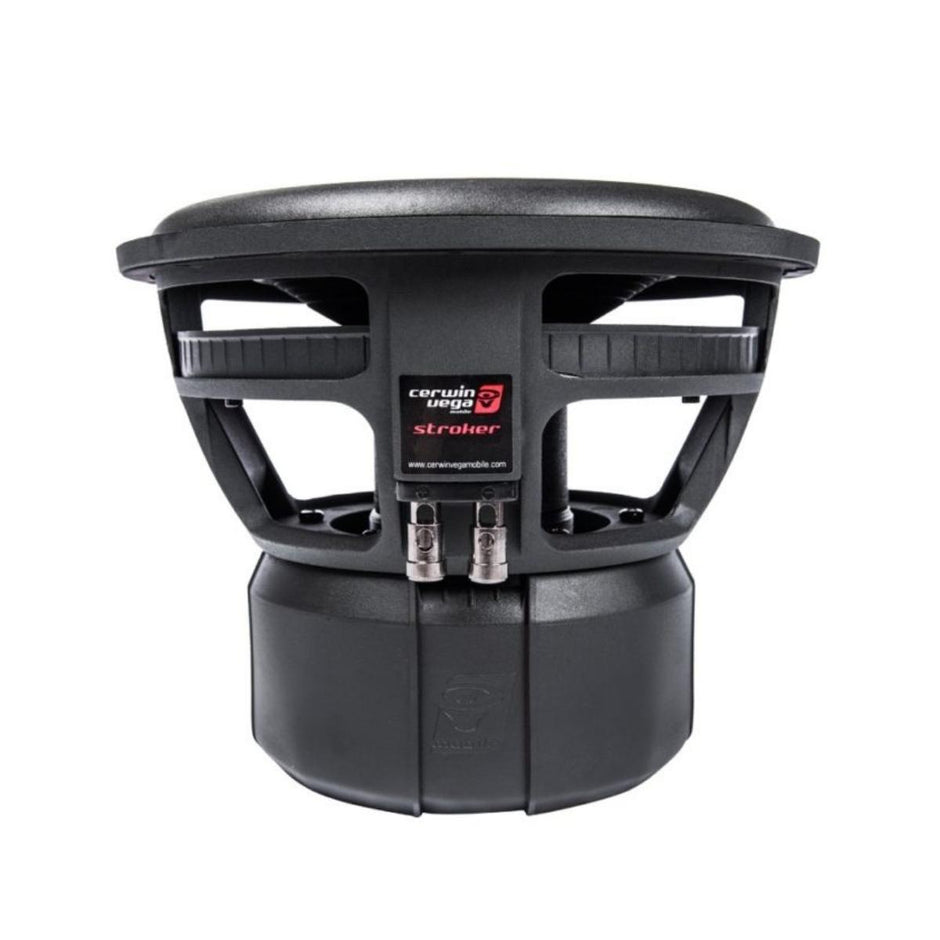 The Stroker Series 10 Inch Subwoofer (ST102D) in black features high power handling, a robust industrial design with a vented frame, and silver dual input terminals. The branding in red, white, and black enhances car audio performance effectively.