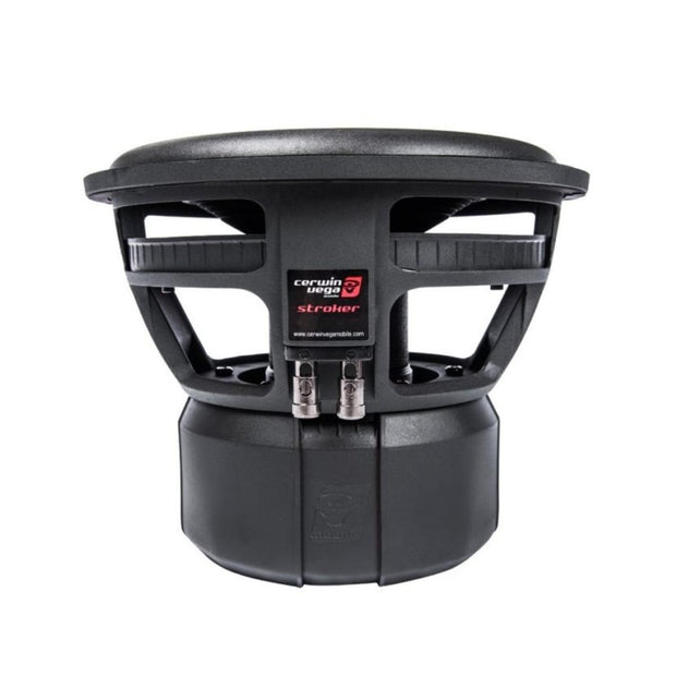 The Stroker Series 10 Inch Subwoofer (ST102D) in black features high power handling, a robust industrial design with a vented frame, and silver dual input terminals. The branding in red, white, and black enhances car audio performance effectively.