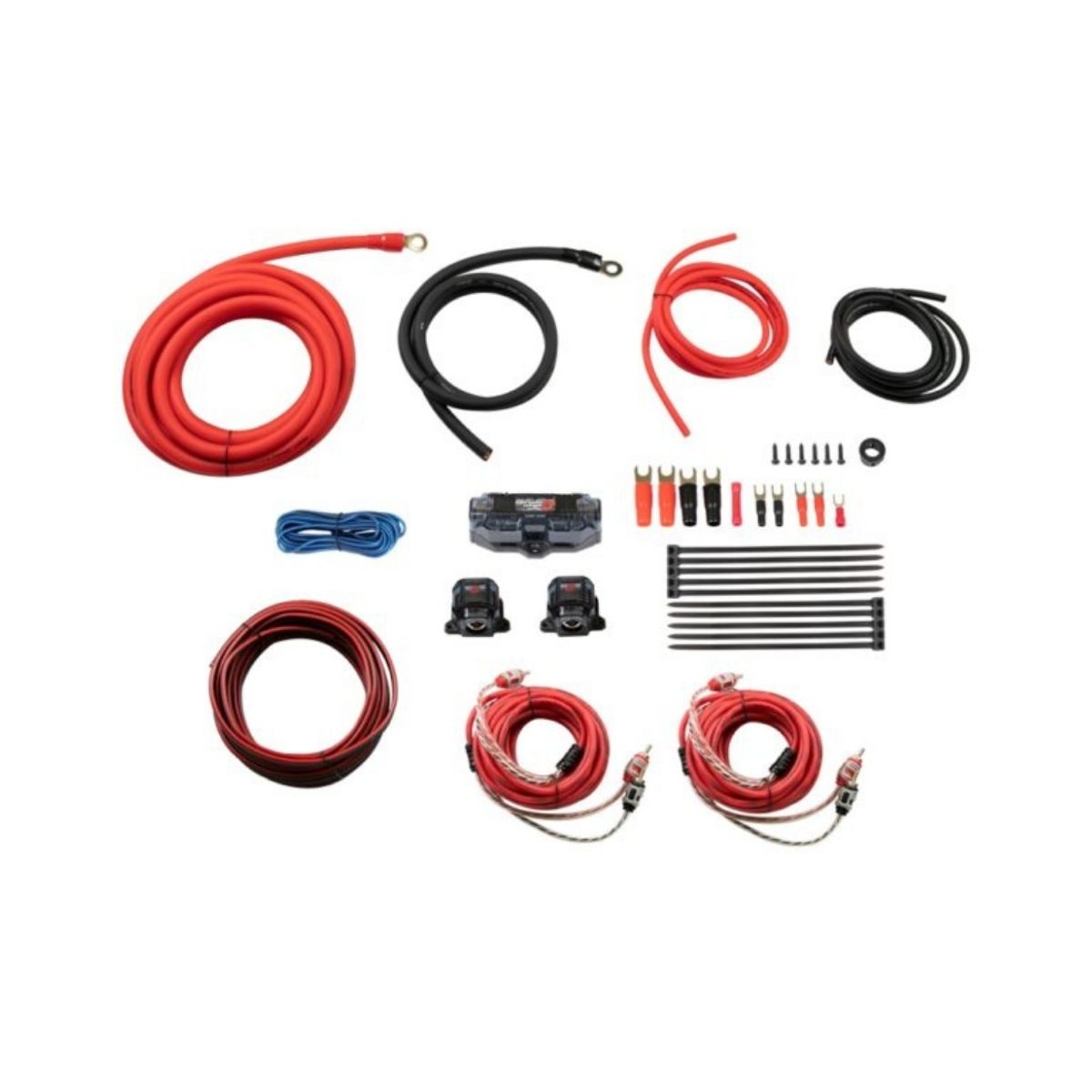 The Amp Kits include red and black cables of various lengths, blue wire, connectors, zip ties, a fuse holder, two fuses, coiled speaker wires, RCA cables, terminal connectors, and a distribution block—arranged neatly on a white background.