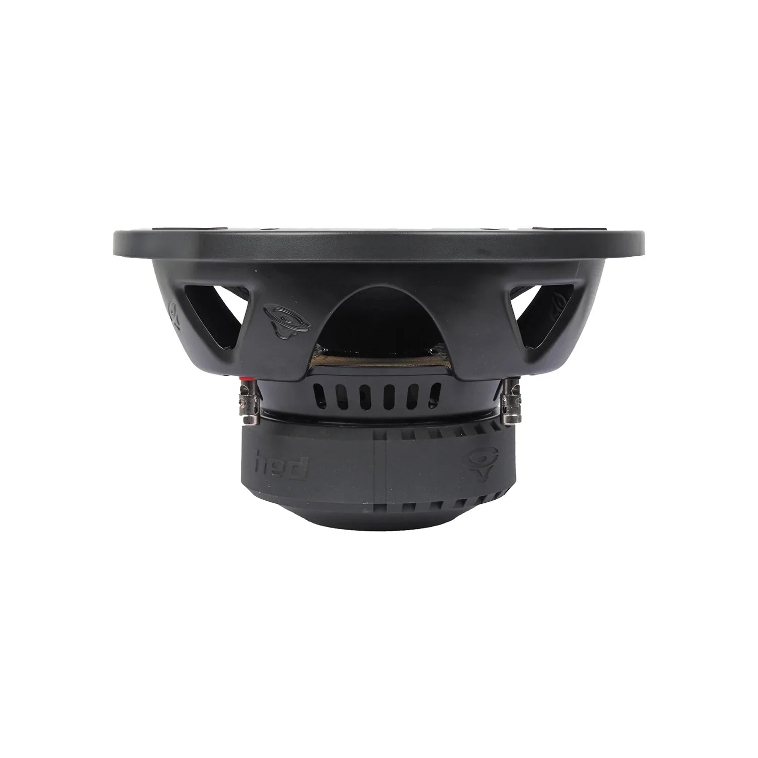 The HED 2025 Edition Subwoofer - H10DV4 features a black, industrial design with a sturdy metal frame and angled supports. It includes a dense, vented circular magnet housing and a flat, circular mounting surface, highlighting durability and performance.