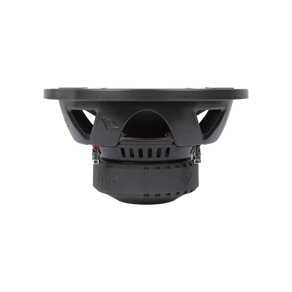 The HED 2025 Edition Subwoofer - H10DV4 features a black, industrial design with a sturdy metal frame and angled supports. It includes a dense, vented circular magnet housing and a flat, circular mounting surface, highlighting durability and performance.