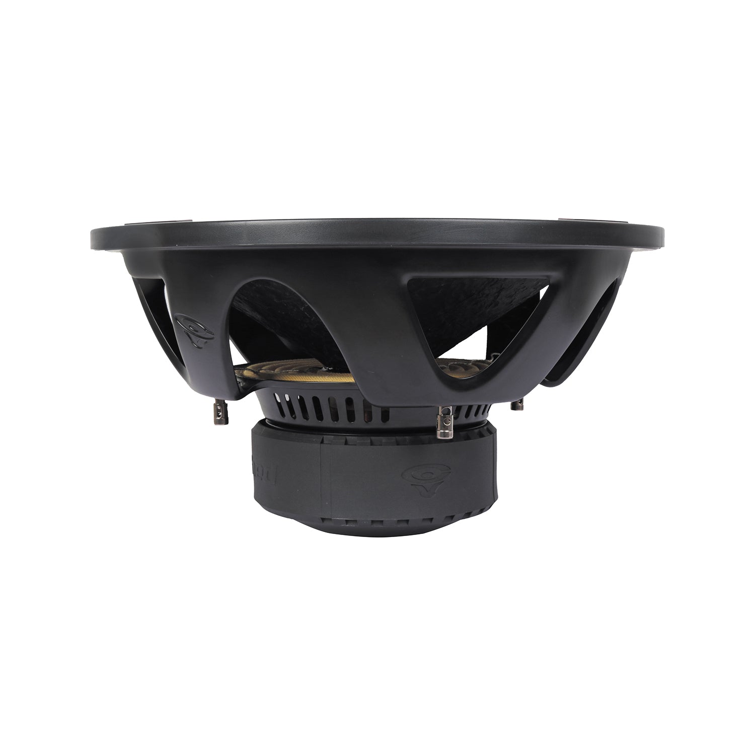 Side view of the HED 2025 Edition Subwoofer, featuring a black frame, open basket design, partially visible cone, and multiple metal terminals. The round base has ventilation slots and logo engravings.