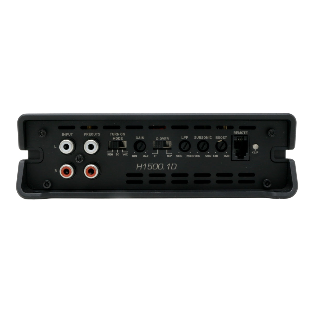 Rear view of a black HED Amplifiers H1500.1D: input section with red/white RCA connectors, preouts, switches for turn-on mode, gain, crossover, low pass filter, subsonic, and boost. The remote port is on the right.