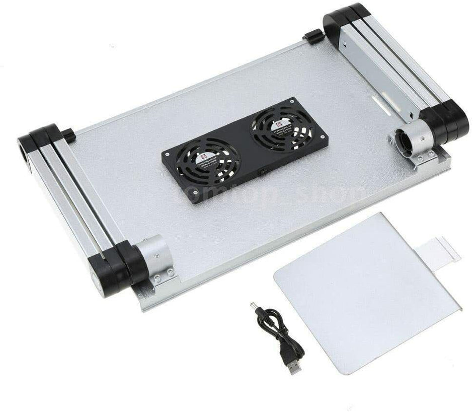 Adjustable Laptop Table Stand with Cooling Fan, Foldable Standing Desk & Non-Slip Mousepad (Gray)