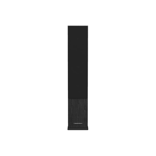 The LA Series Home Audio Speakers are tall floor-standing models featuring a minimalist black design. The bottom half has a wood-grain finish with a subtle logo, while the top half is fitted with a solid black grille, all resting on a flat, square base.