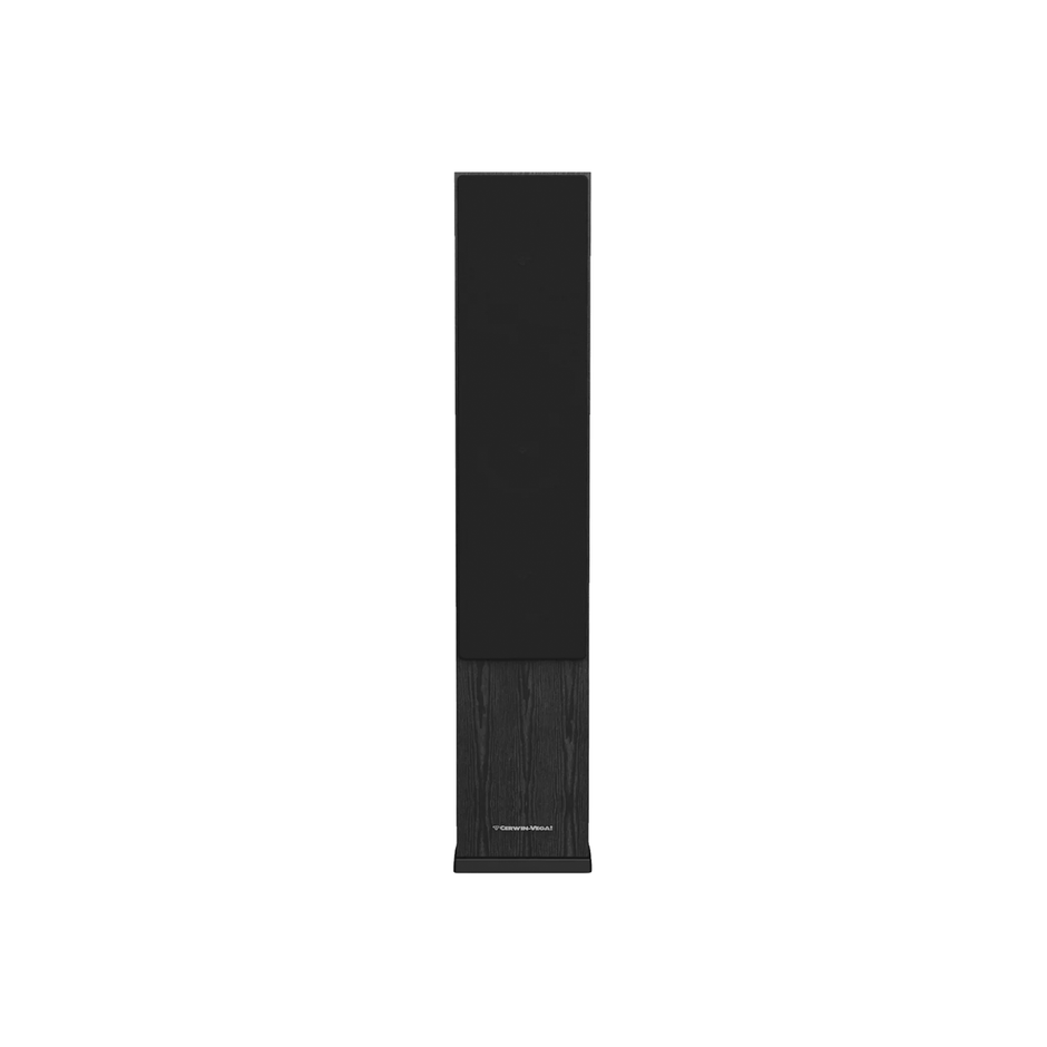 The LA Series Home Audio Speakers are tall floor-standing models featuring a minimalist black design. The bottom half has a wood-grain finish with a subtle logo, while the top half is fitted with a solid black grille, all resting on a flat, square base.