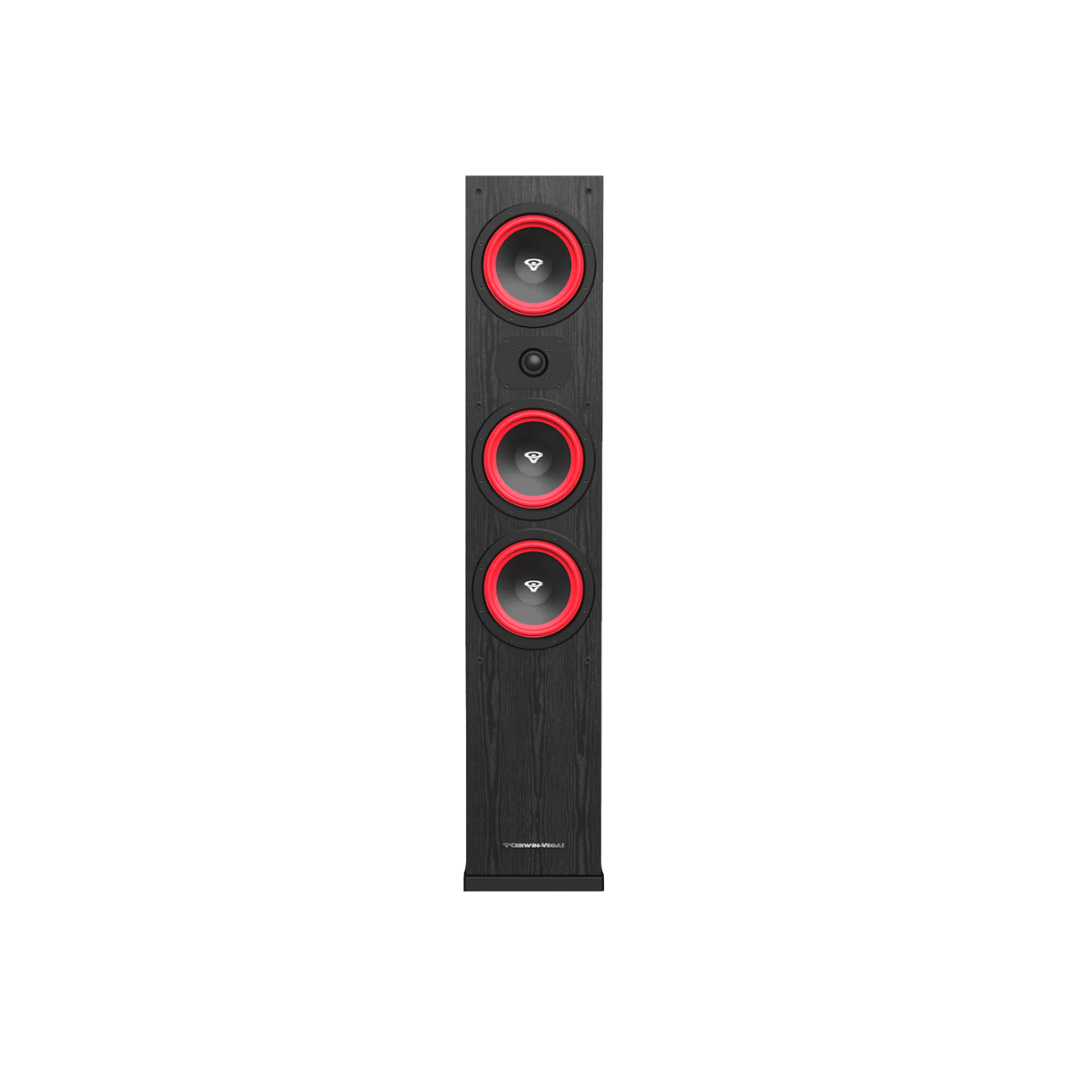 The LA Series Home Audio Speaker is a tall black tower featuring three vertically aligned circular red and black drivers, each with a silver logo. A tweeter sits above the middle driver. It stands on a broad base, and the white background highlights its design.