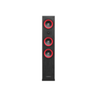 The LA Series Home Audio Speaker is a tall black tower featuring three vertically aligned circular red and black drivers, each with a silver logo. A tweeter sits above the middle driver. It stands on a broad base, and the white background highlights its design.