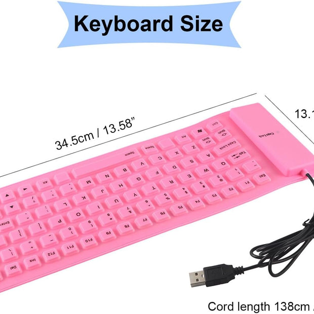 Foldable Silicone Keyboard, USB Keyboard, Wired Keyboard, 85 Keys USB Wired Waterproof Folding Silicone Keyboard for PC Laptop Notebook Pink